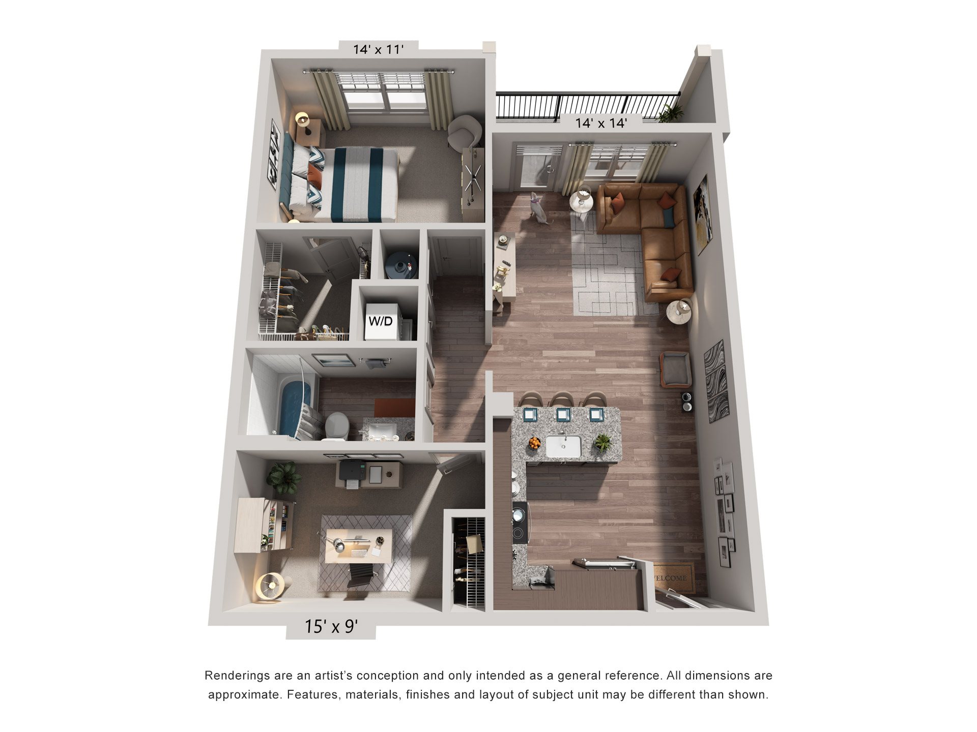 Floor plan for 1 bed, 1 bath, 902 sqft
